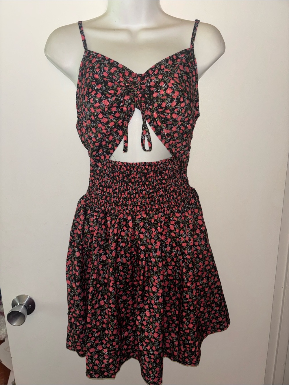 Black & Pink Floral Smocked Mini Summer Floral strappy Dress - small